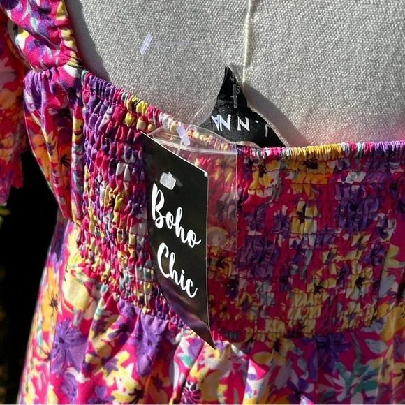 Cottagecore Pink Floral Print Puffed Sleeve Button Down Smocked Babydoll Dress S - Picture 13 of 15